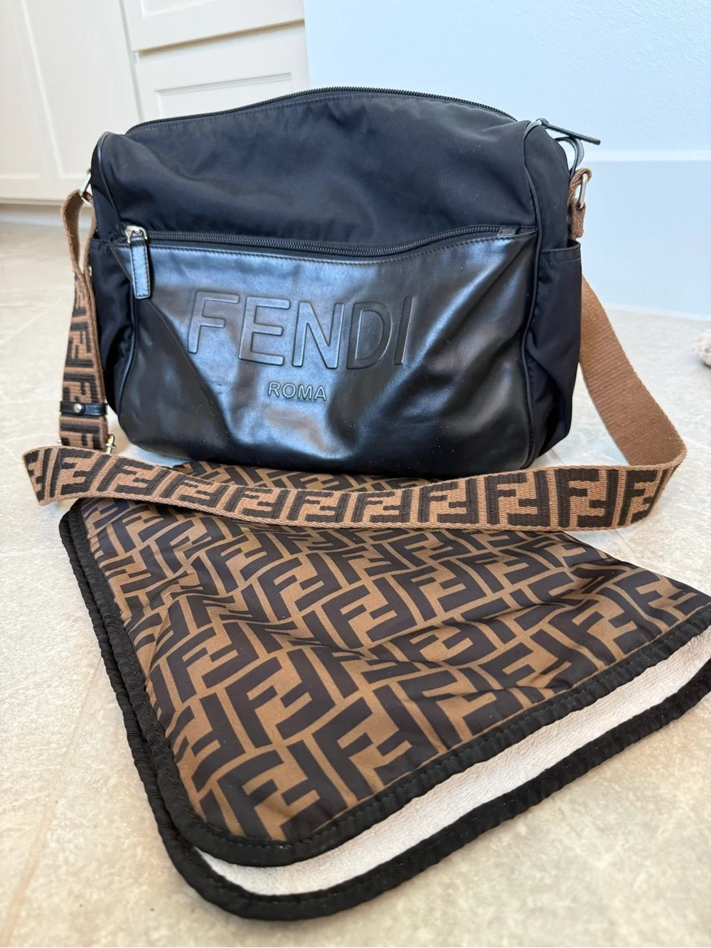 Fendi Black Leather Messenger Bag with Brown FF Jacquard Strap